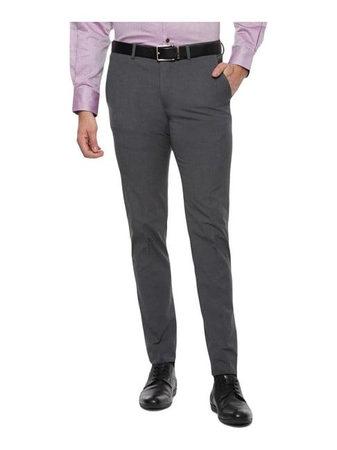 louis philippe grey super slim fit solid flat front trousers