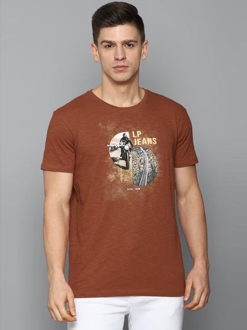 louis philippe jeans brown cotton slim fit printed t-shirt
