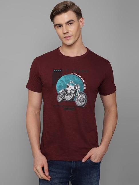 louis philippe jeans maroon cotton slim fit printed t-shirt