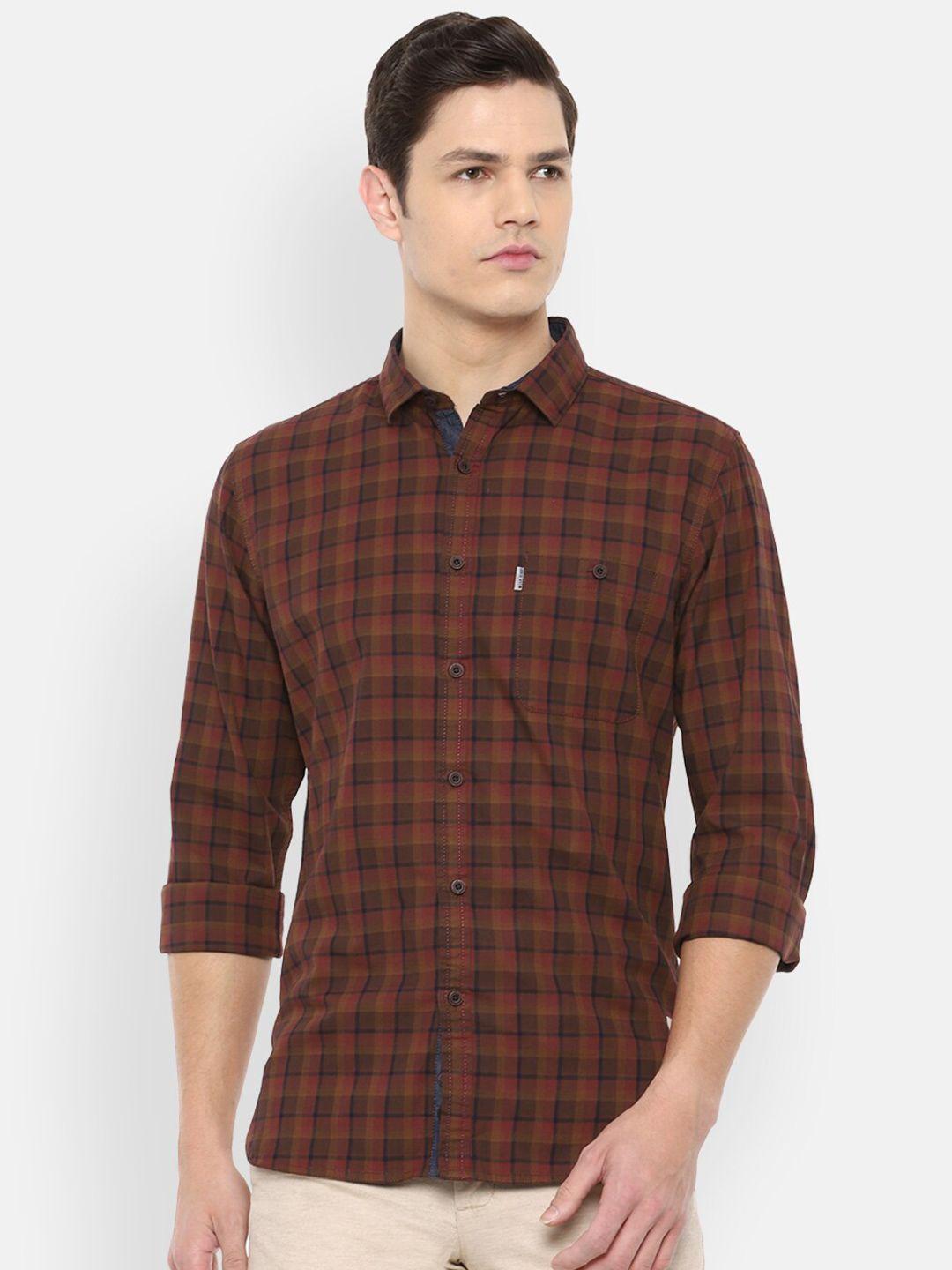 louis philippe jeans men brown checked slim fit cotton casual shirt