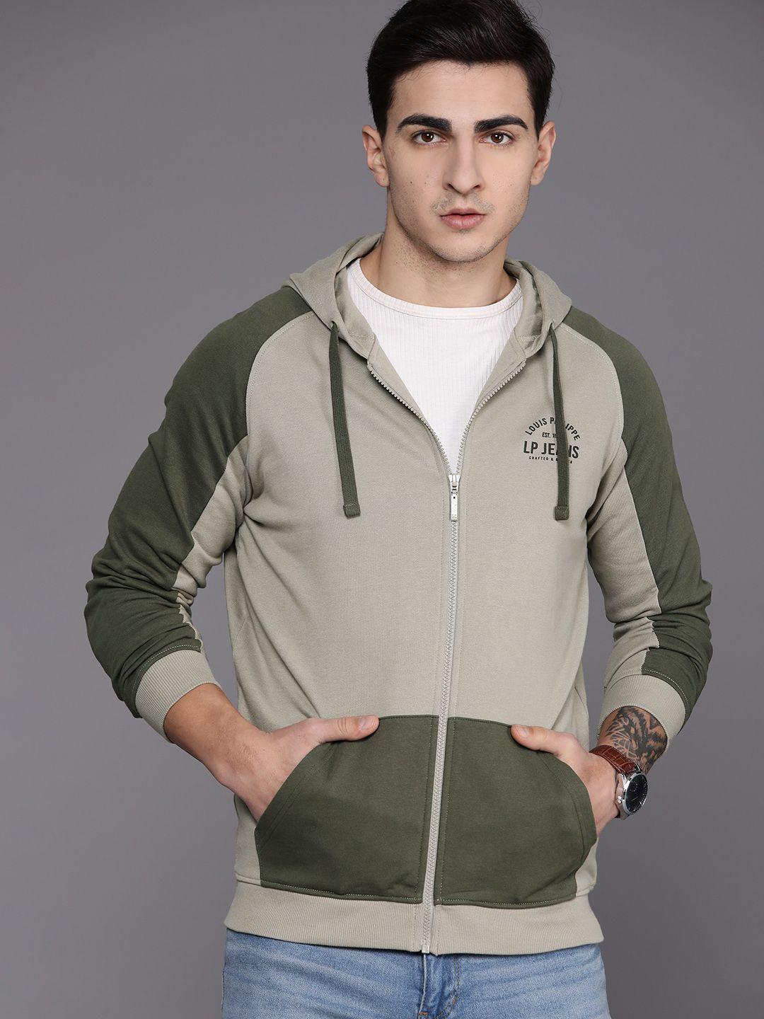 louis philippe jeans men colourblocked pure cotton hooded sweatshirt