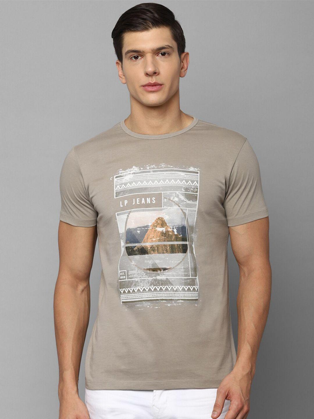 louis philippe jeans men cream-coloured printed slim fit cotton t-shirt