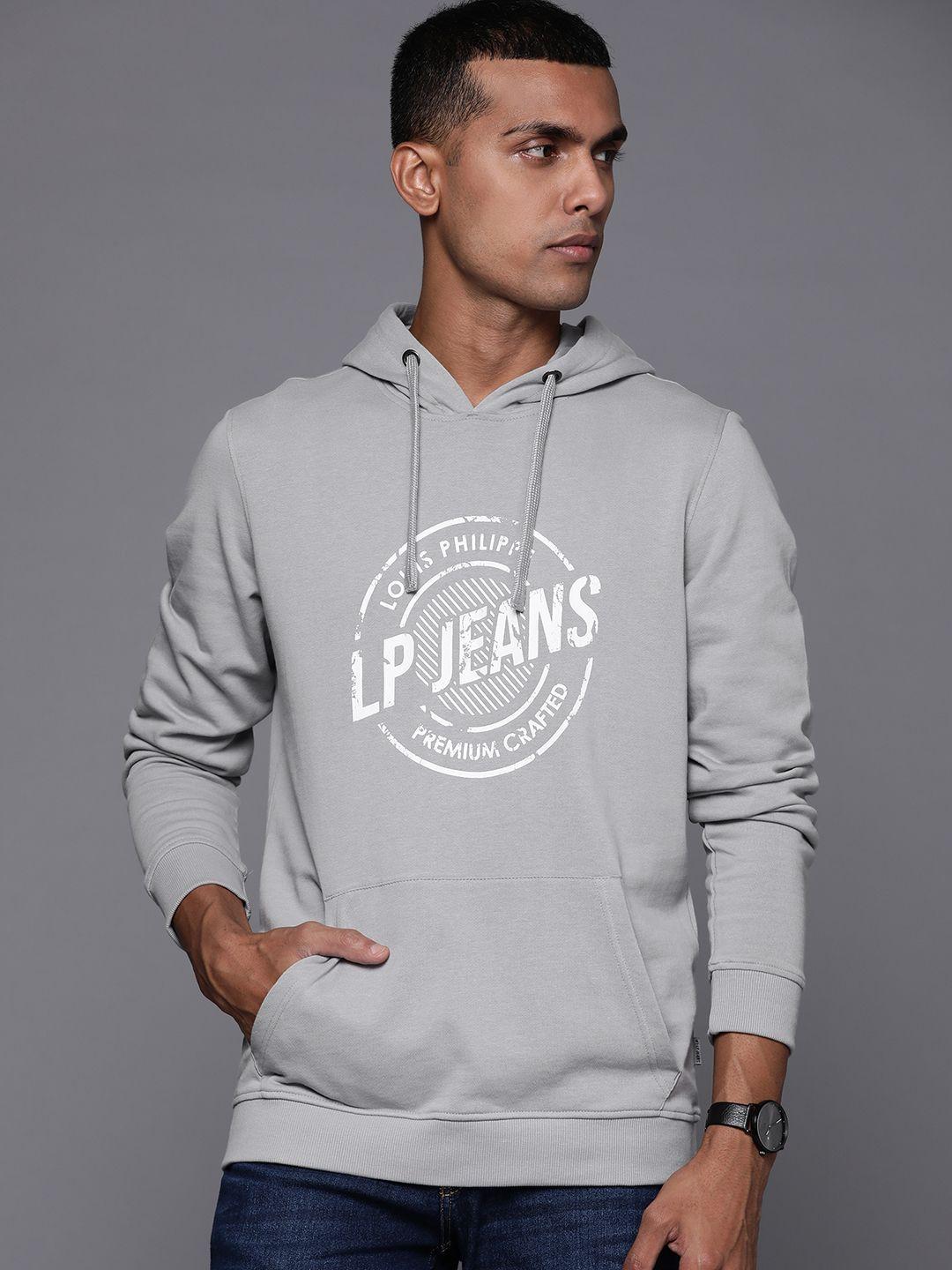 louis philippe jeans men grey & white printed pure cotton hooded sweatshirt