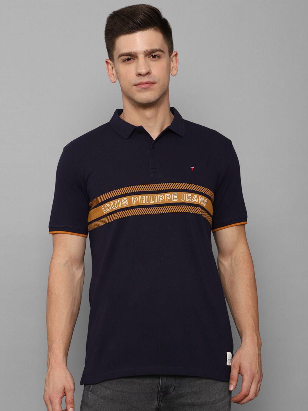 louis philippe jeans men navy blue cotton typography printed polo collar slim fit t-shirt