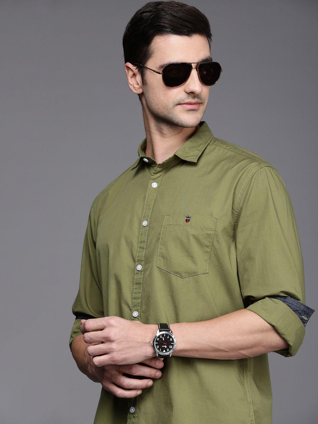 louis philippe jeans men olive green solid pure cotton slim fit casual shirt