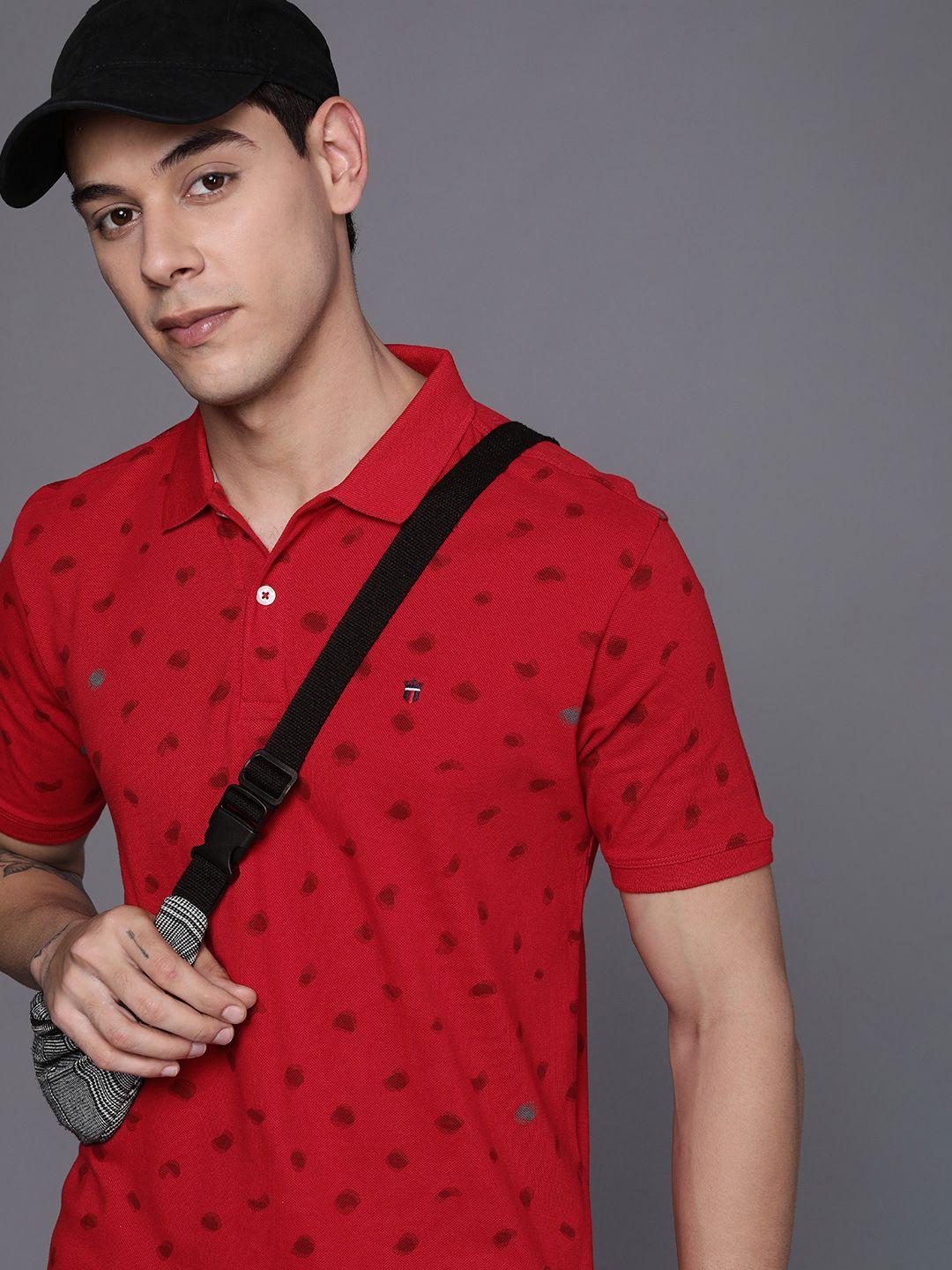 louis philippe jeans men red printed polo collar pure cotton t-shirt