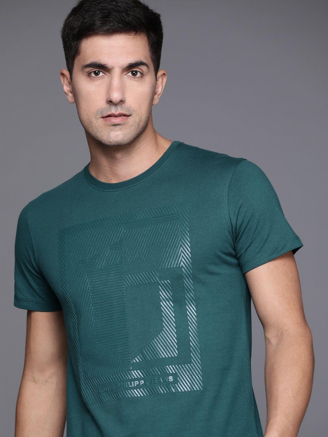 louis philippe jeans men teal green cotton striped embossment t-shirt