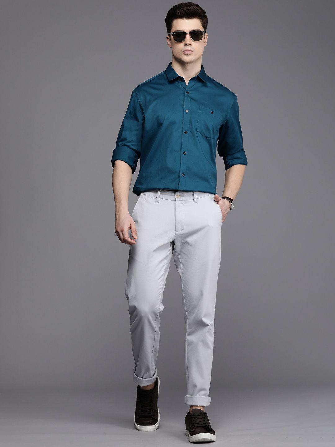 louis philippe jeans men teal slim fit opaque pure cotton casual shirt