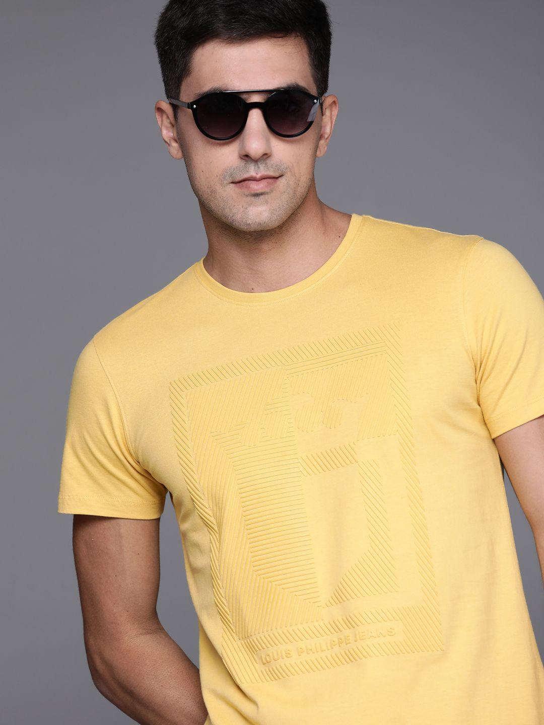 louis philippe jeans men yellow cotton striped embossed detail t-shirt