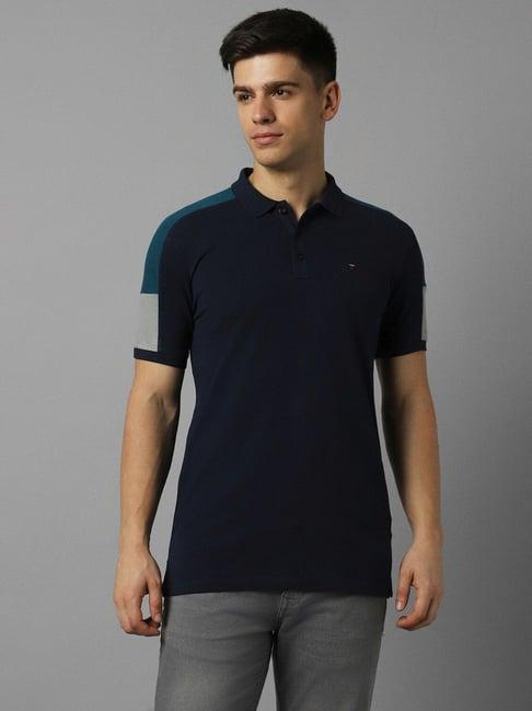 louis philippe jeans navy cotton slim fit printed polo t-shirt