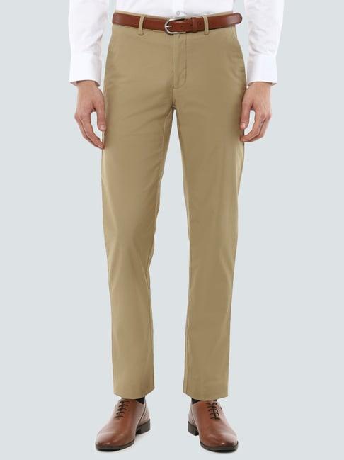 louis philippe khaki  slim fit flat front trousers
