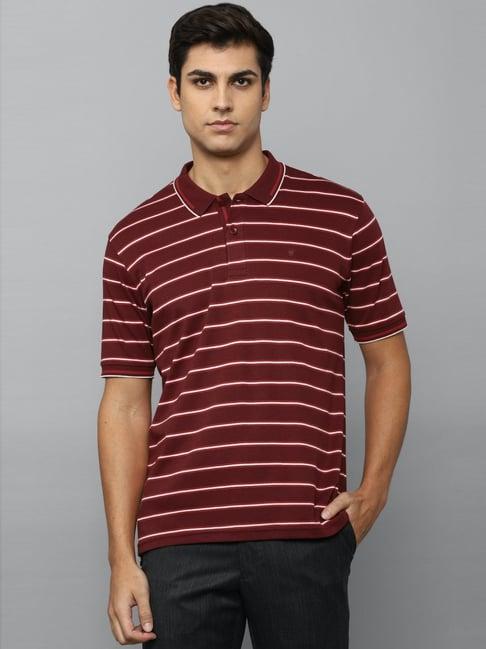 louis philippe maroon & white cotton regular fit striped polo t-shirt