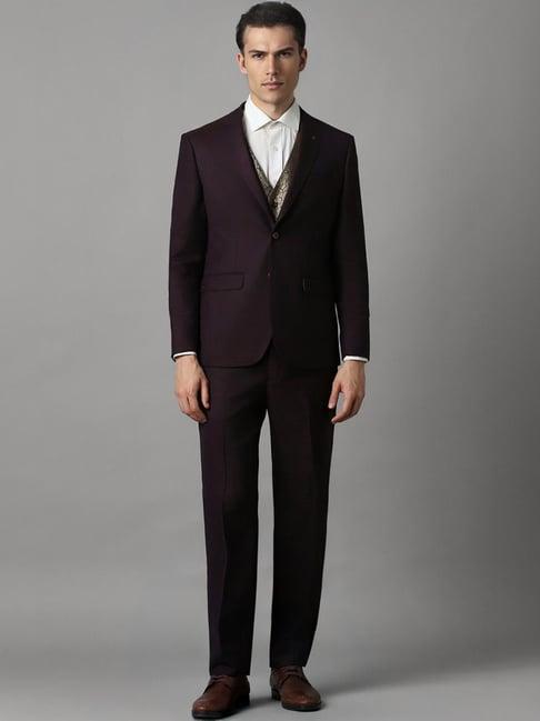 louis philippe maroon slim fit texture three piece suit