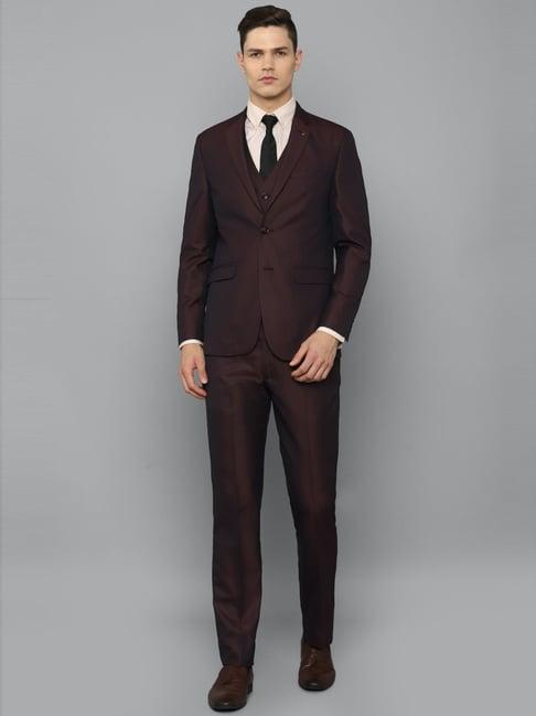 louis philippe maroon slim fit textured three piece suit