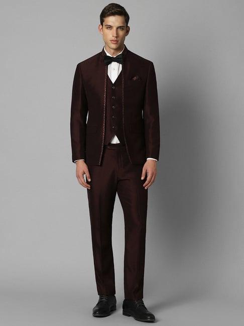 louis philippe maroon slim fit three piece suit