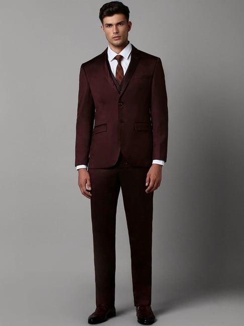 louis philippe maroon slim fit three piece suit