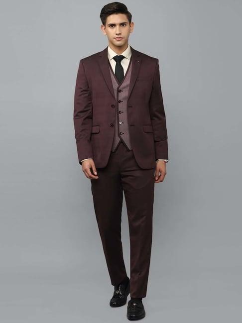 louis philippe maroon slim fit three piece suit