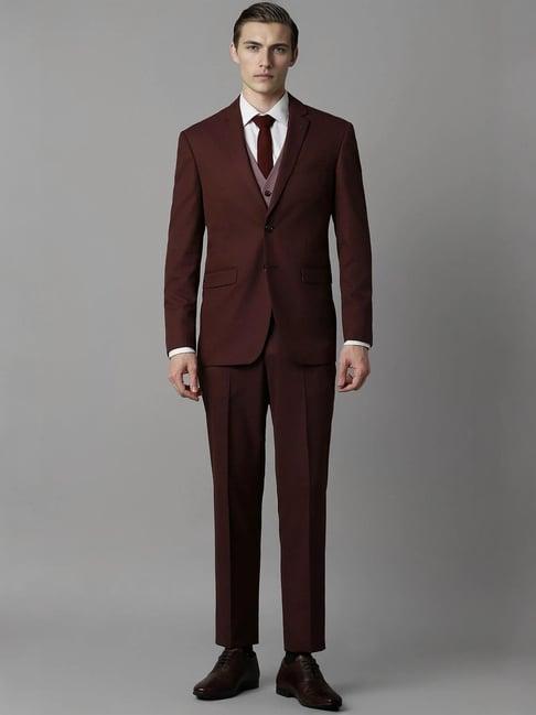 louis philippe maroon slim fit three piece suits