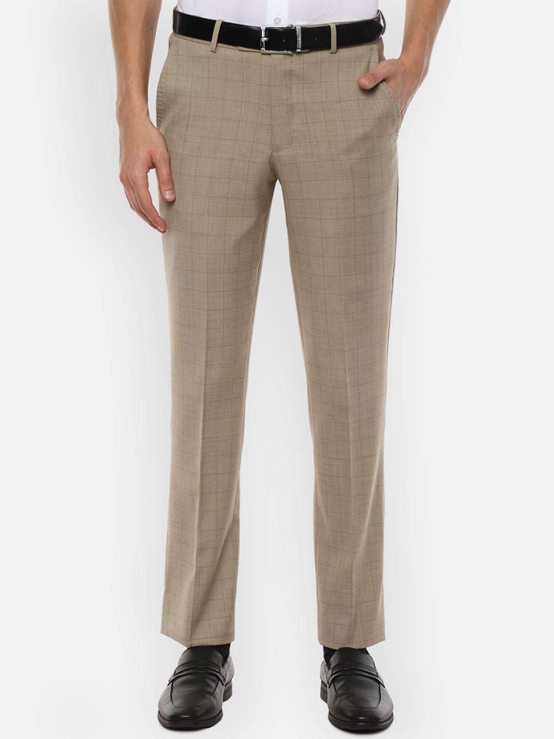 louis philippe men beige checked slim fit formal trousers