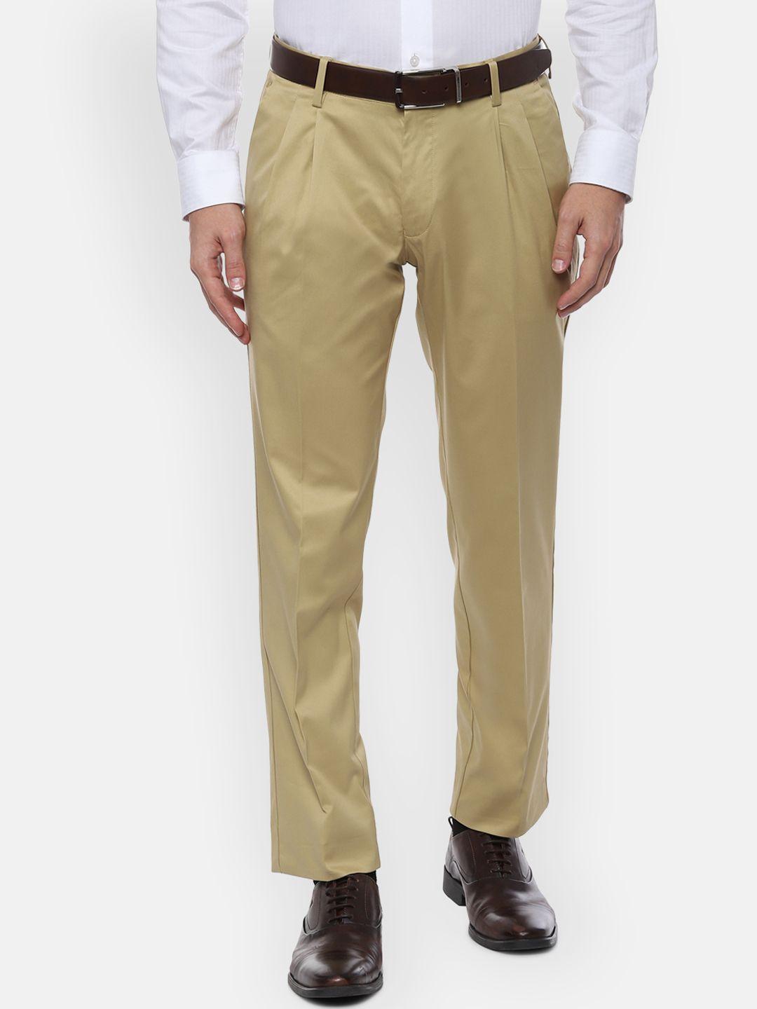 louis philippe men beige regular fit solid formal trousers