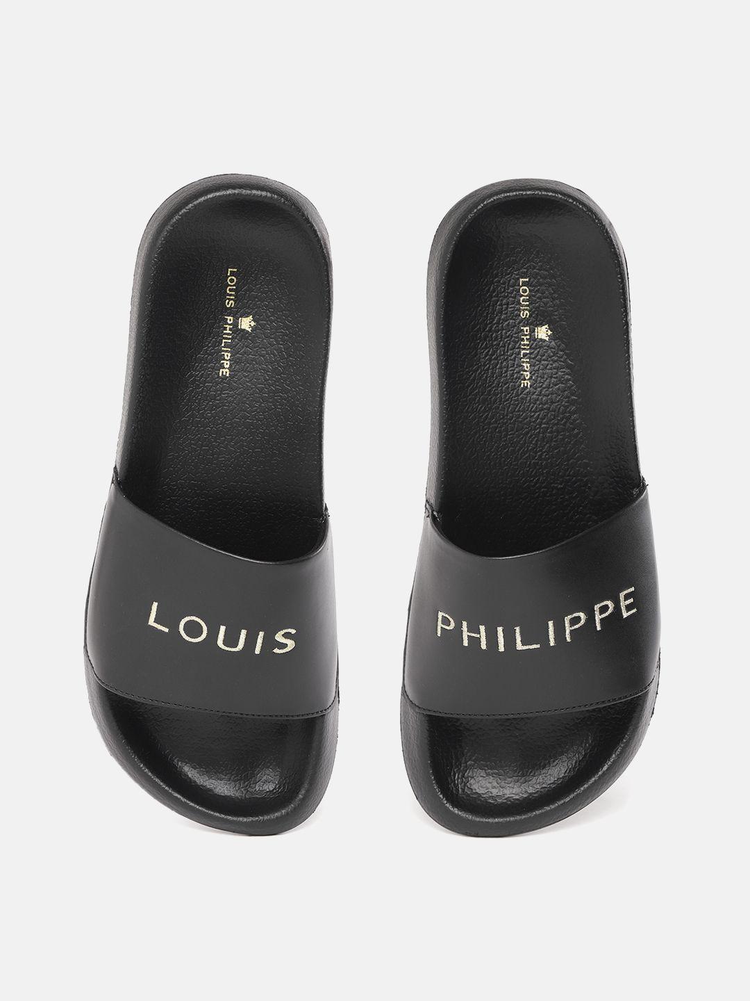 louis philippe men black & gold-toned brand name embroidered sliders