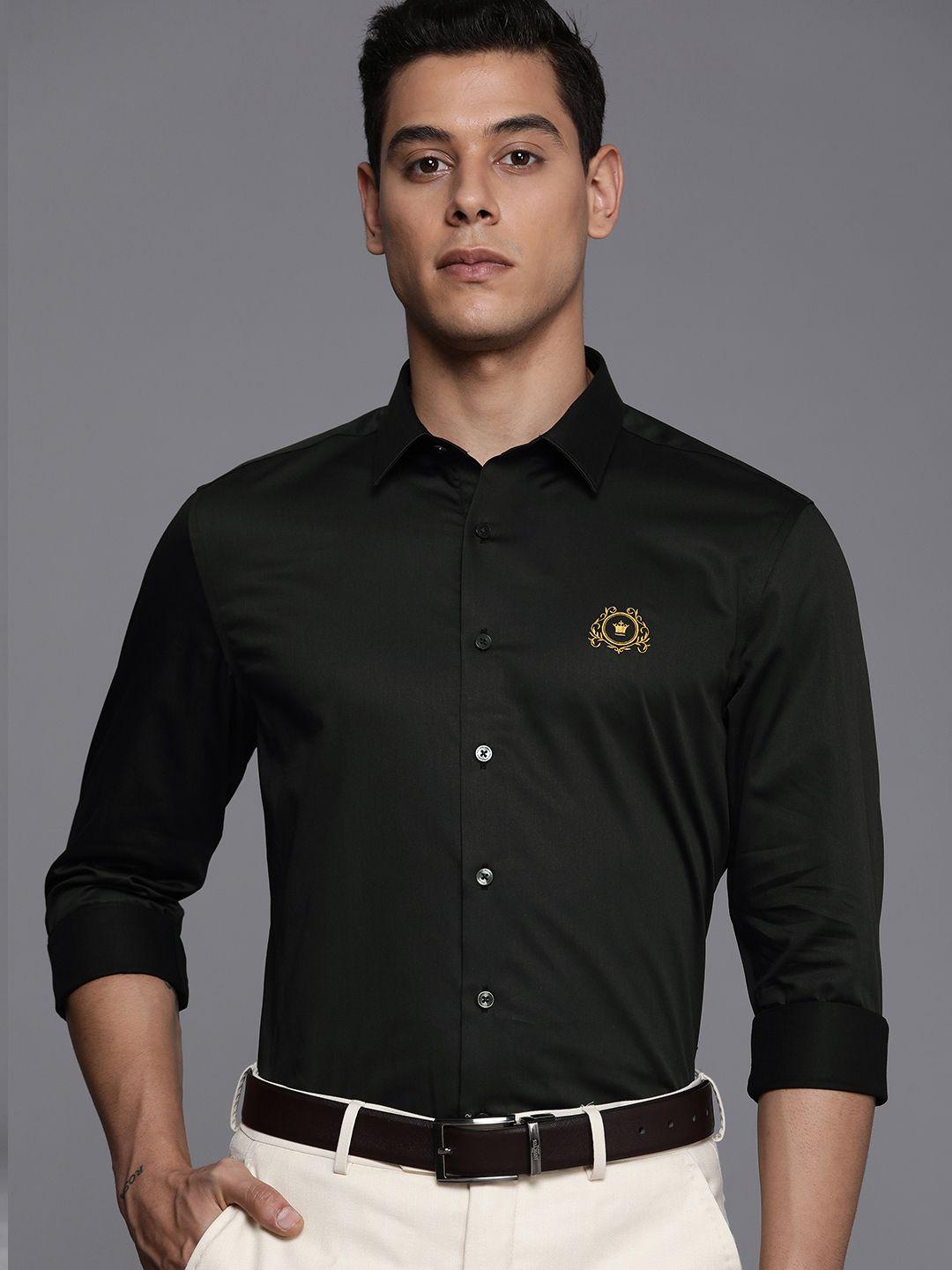 louis philippe men black blue brand logo embroidered slim fit formal shirt