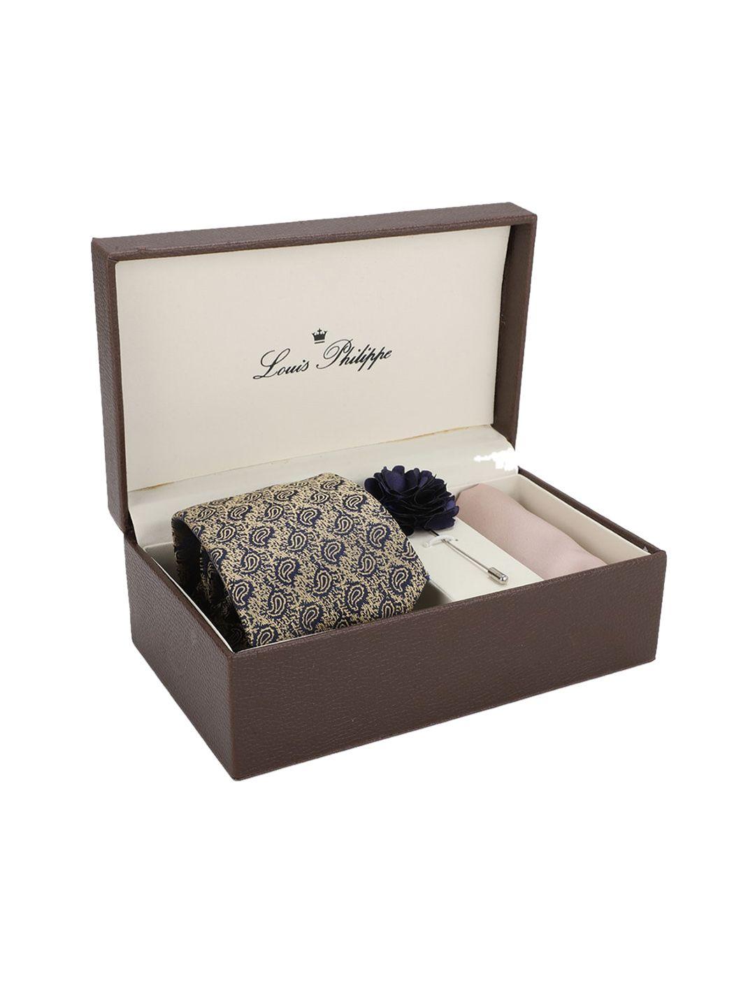 louis philippe men blue & brown paisley printed accessory gift set