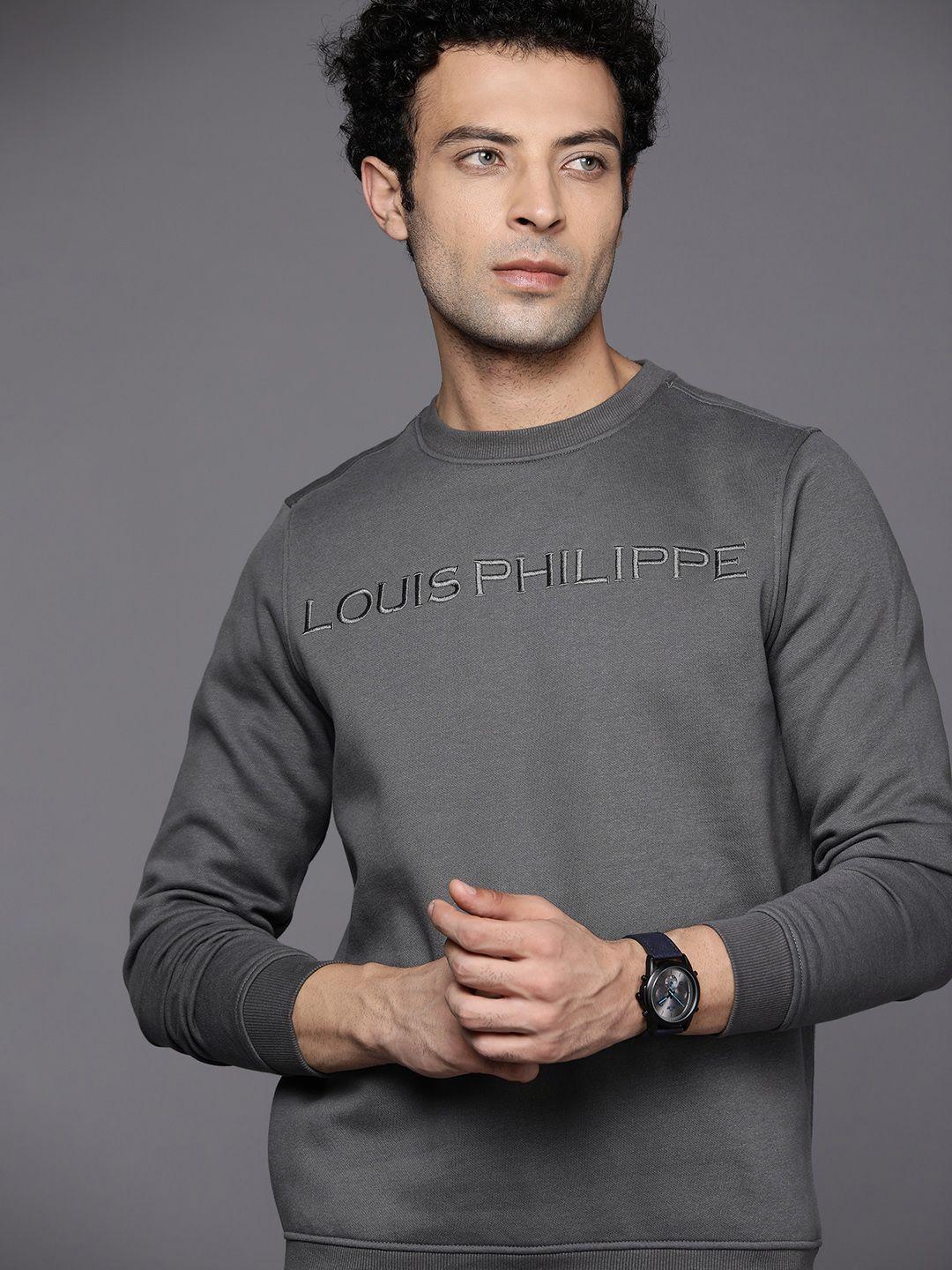 louis philippe men charcoal grey brand logo embroidered sweatshirt