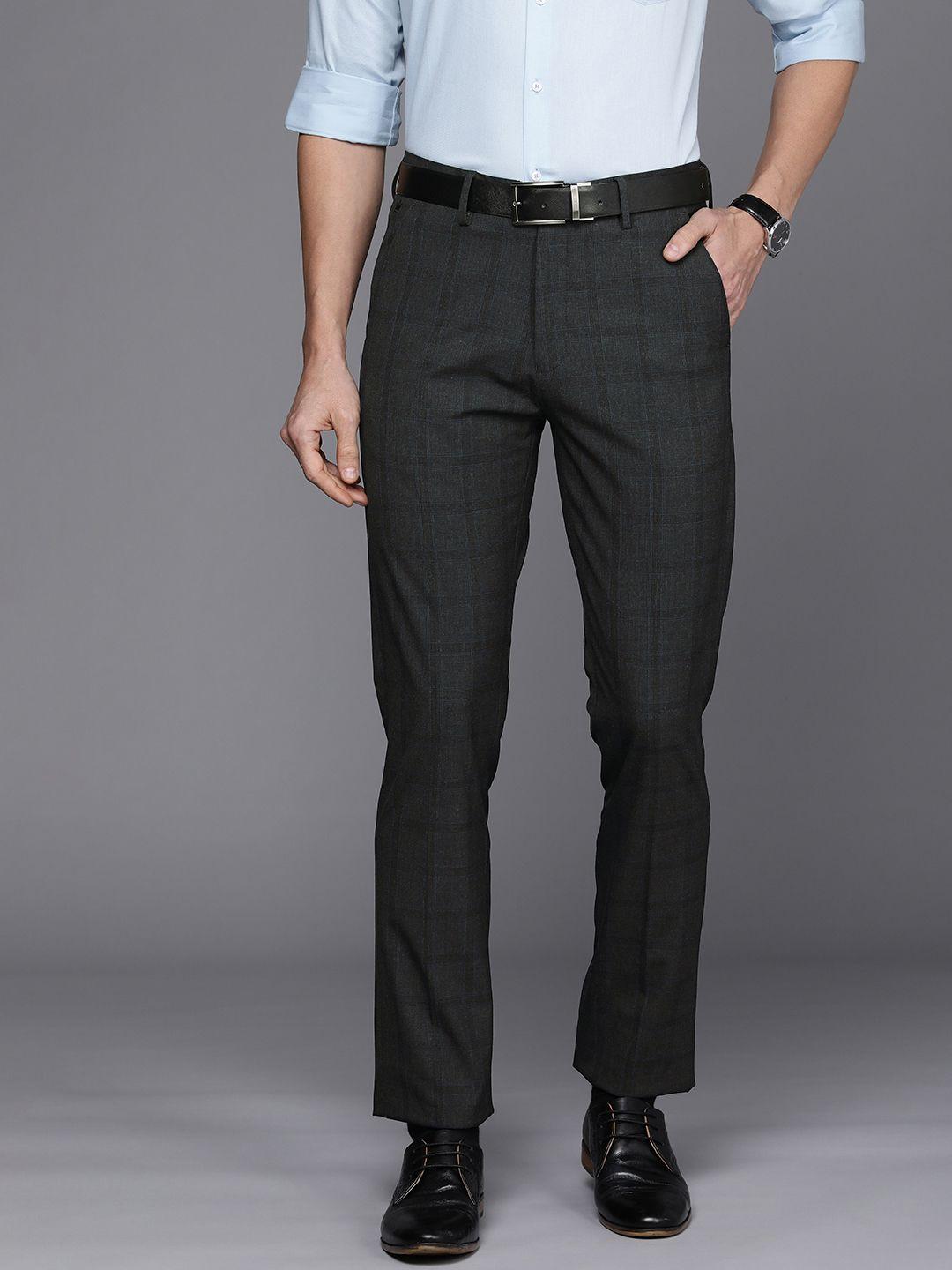 louis philippe men charcoal grey self-checked slim fit trousers