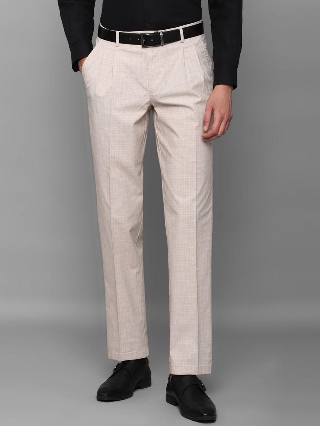 louis philippe men cream-coloured checked slim fit pleated trousers