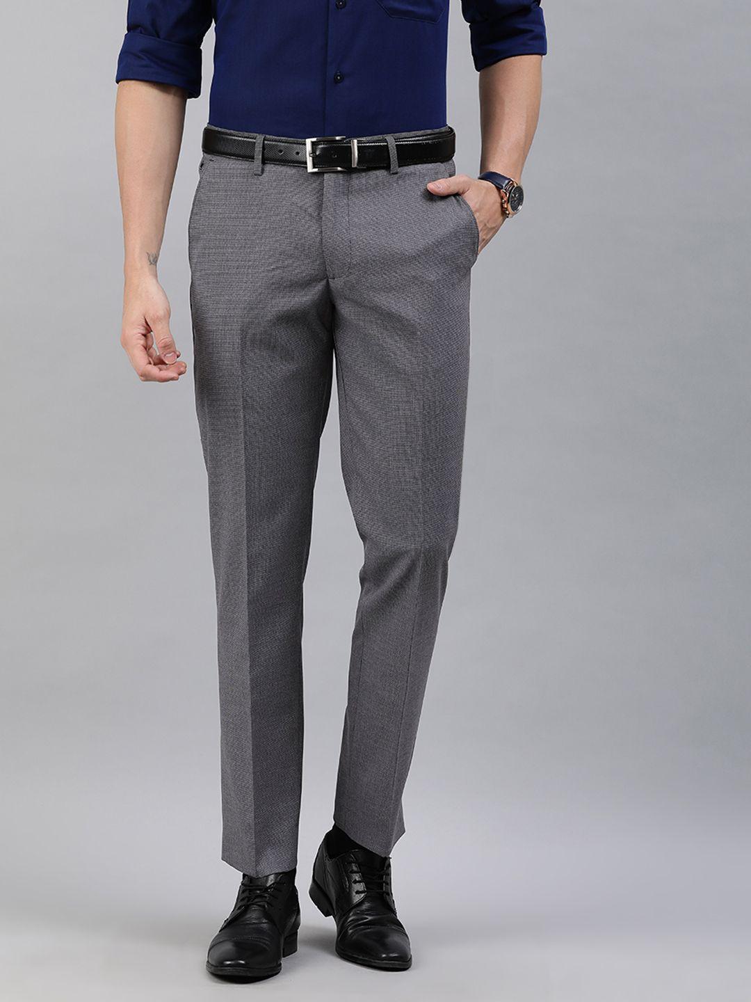 louis philippe men grey & black slim fit printed formal trousers