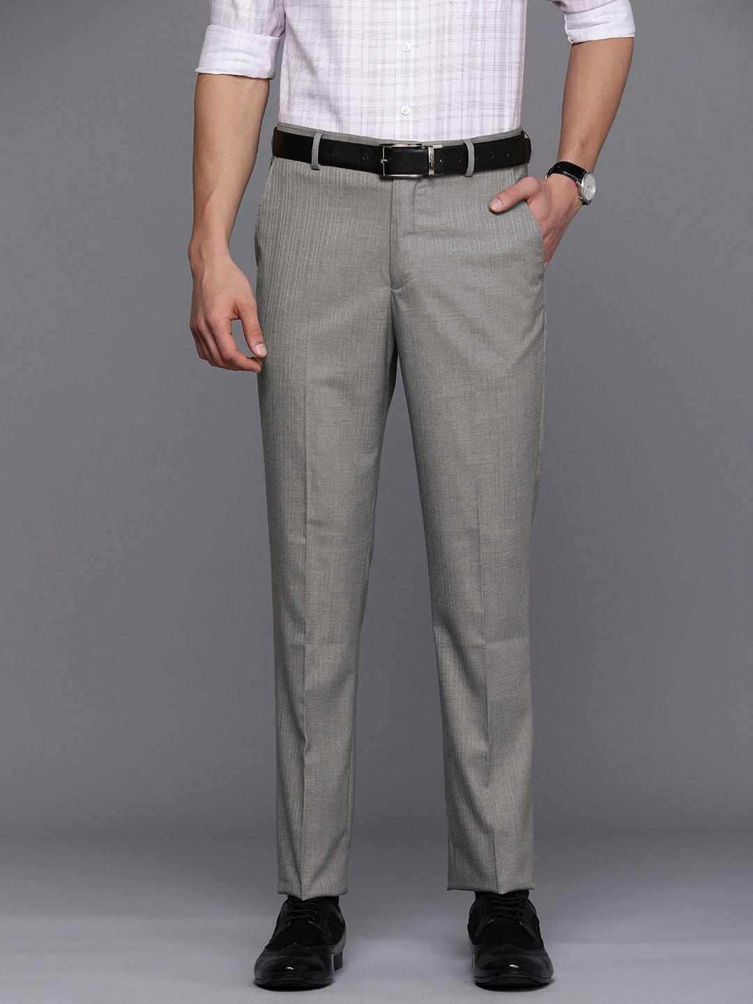 louis philippe men grey striped slim fit trousers