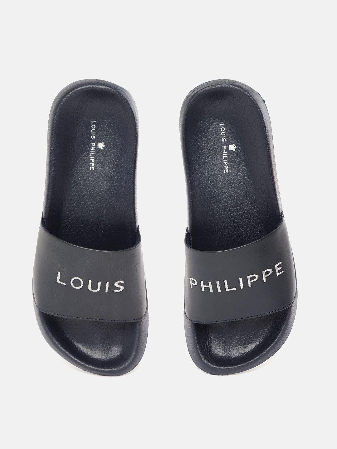 louis philippe men navy blue & silver-toned brand logo embroidered sliders