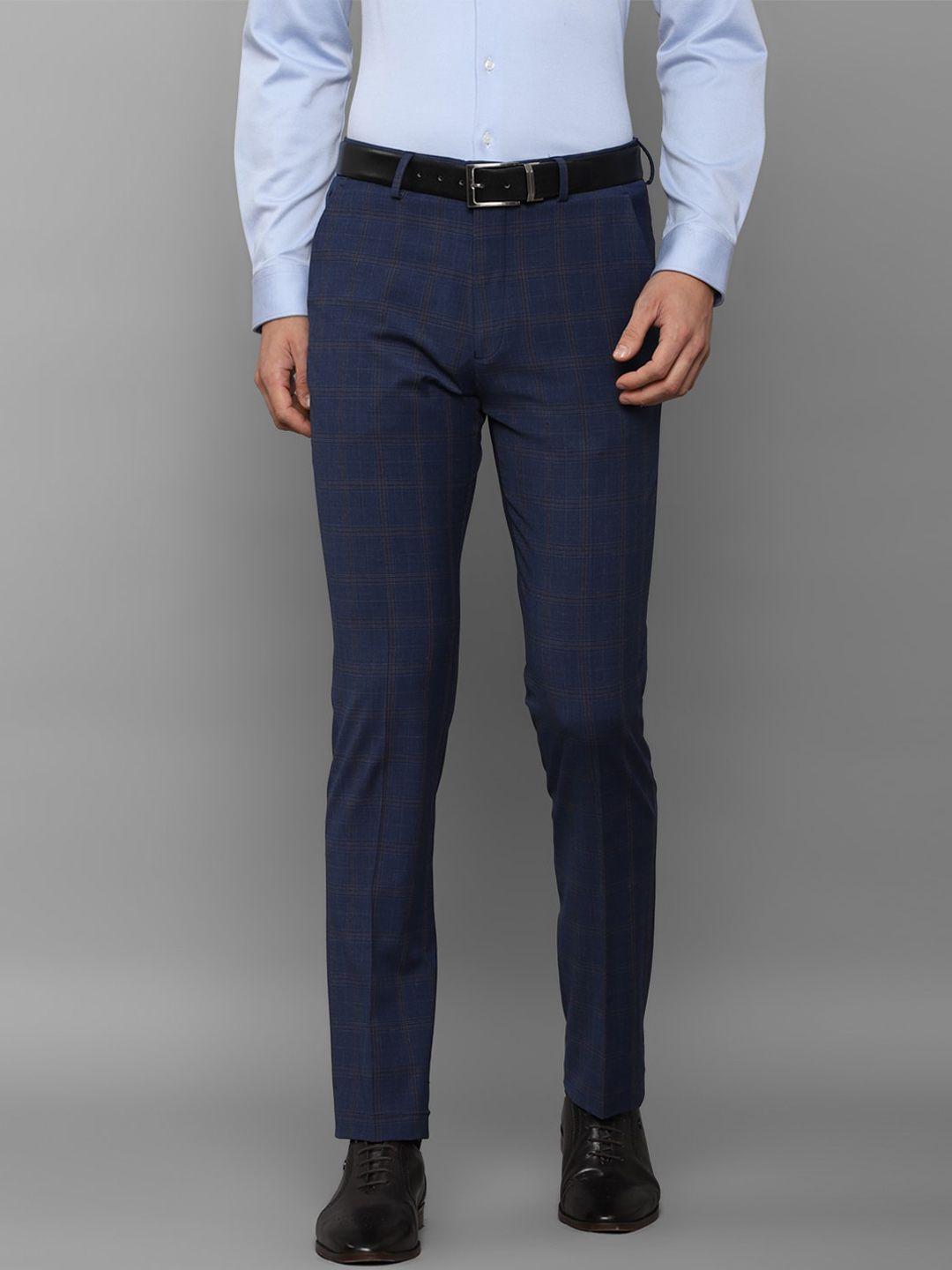 louis philippe men navy blue checked slim fit trousers
