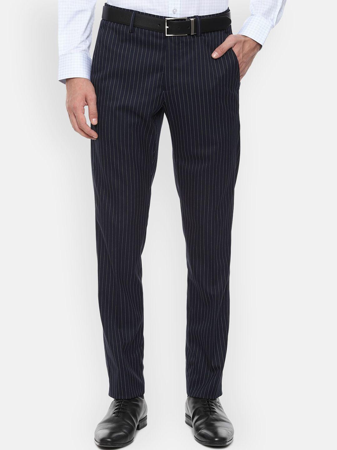 louis philippe men navy blue striped slim fit formal trousers