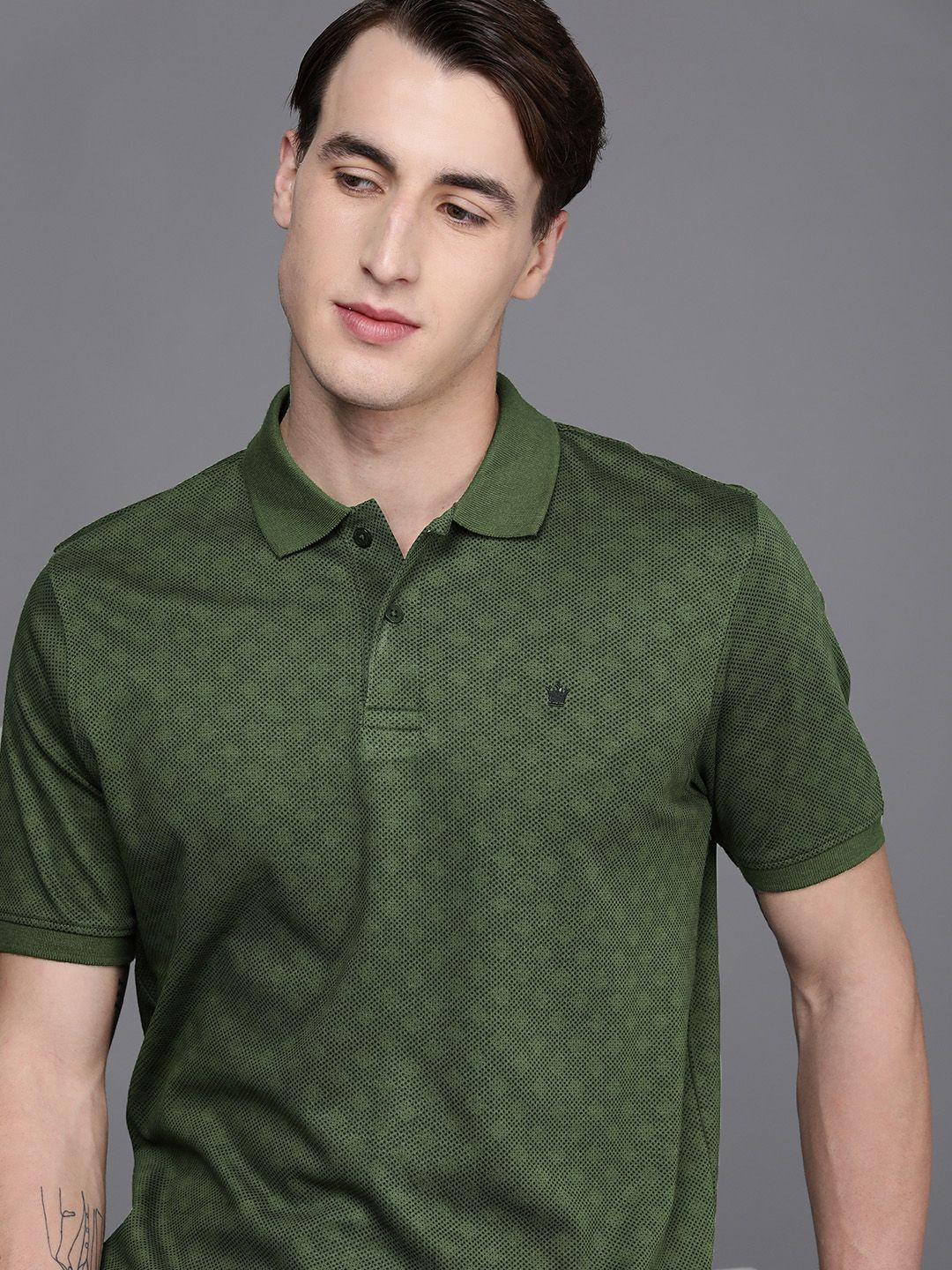 louis philippe men olive green & black printed polo collar t-shirt