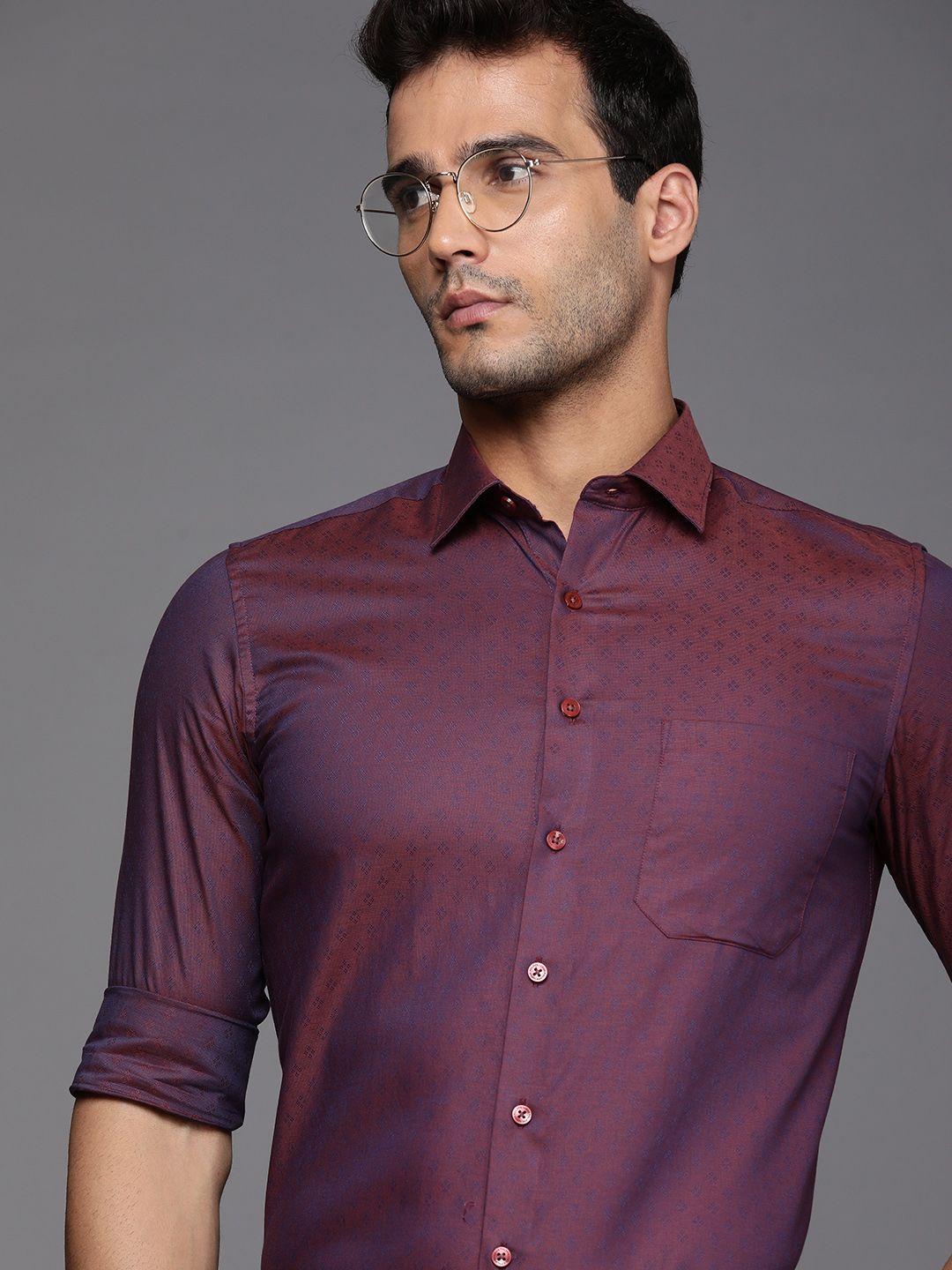 louis philippe men purple slim fit micro-ditsy geometric printed pure cotton casual shirt