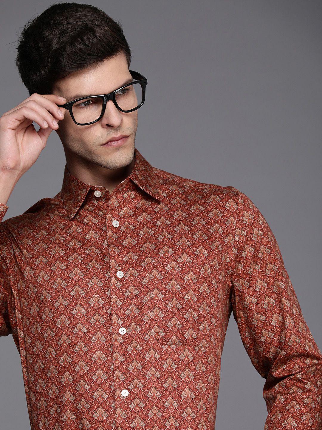 louis philippe men red ethnic motifs printed pure cotton formal shirt