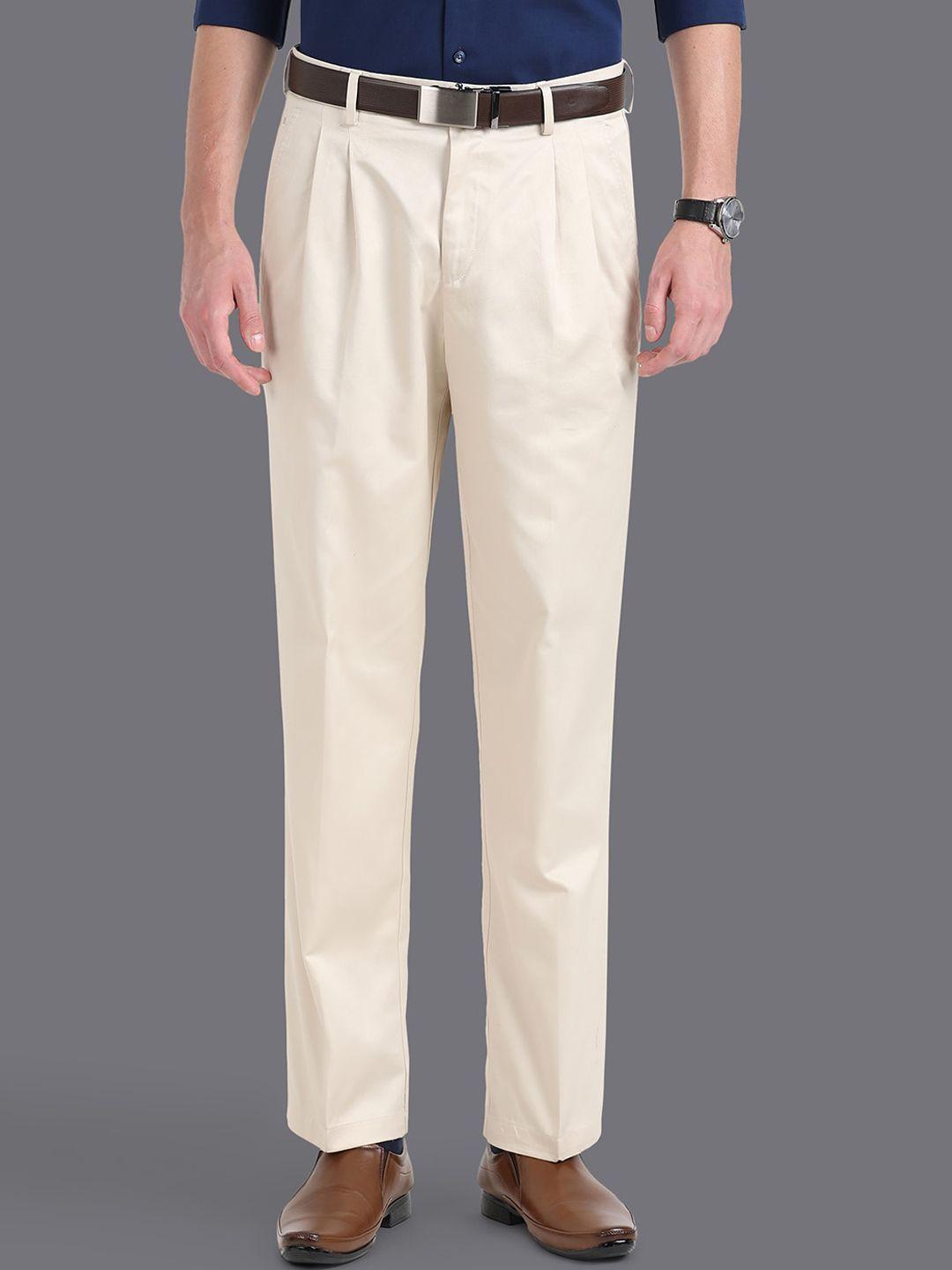 louis philippe men slim fit mid-rise pleated pure cotton formal trousers