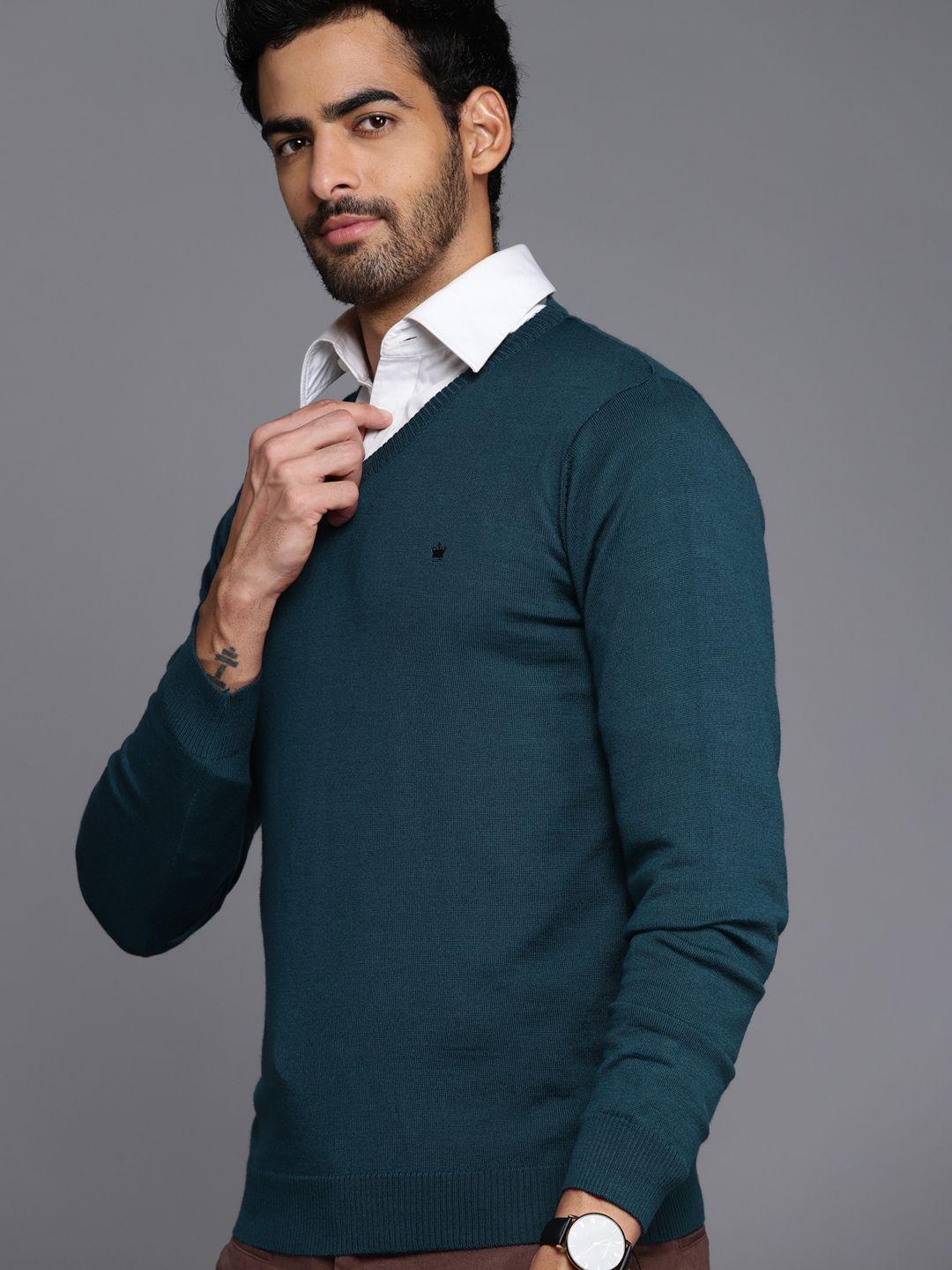 louis philippe men teal green v-neck solid pullover