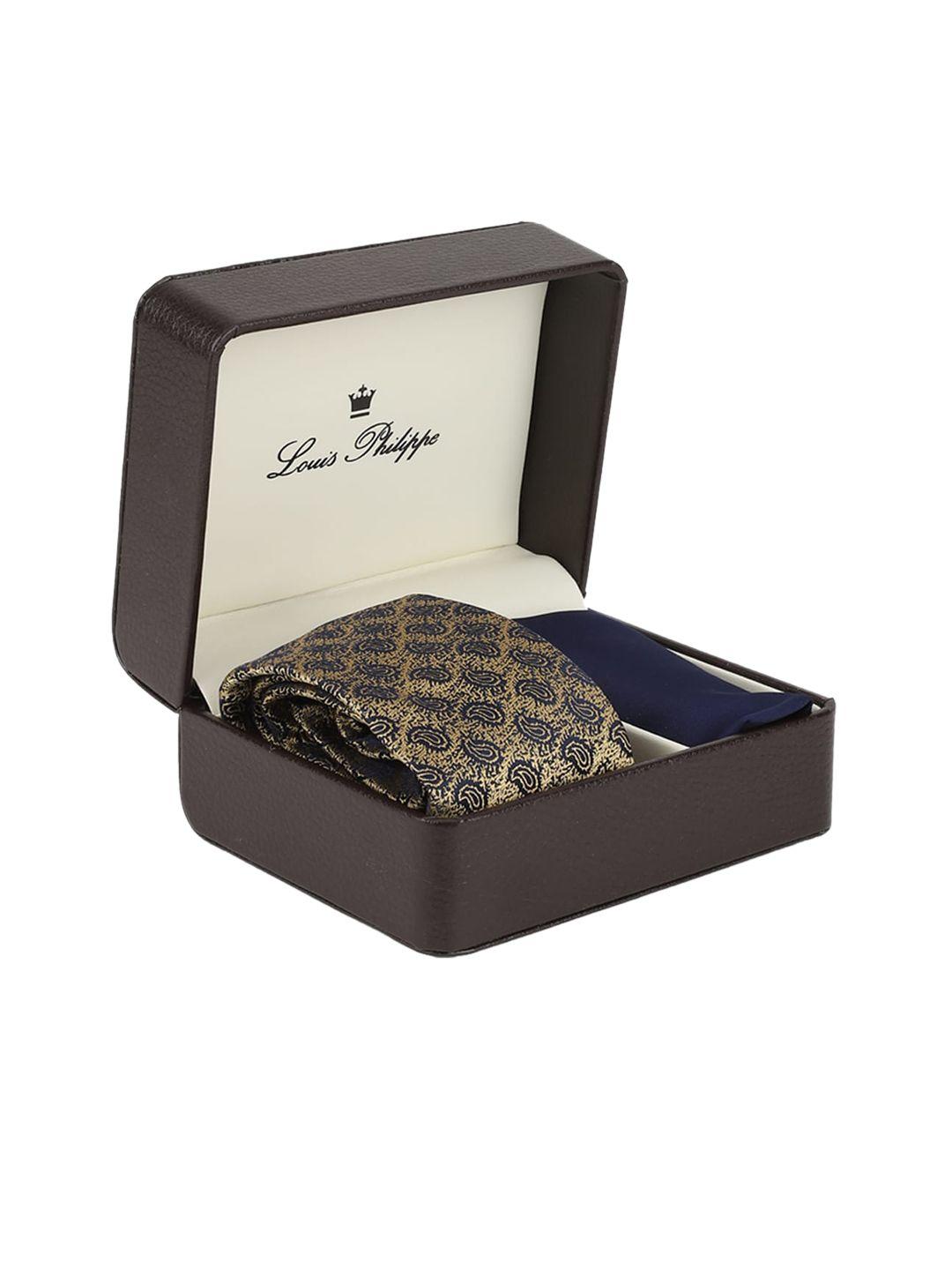 louis philippe men yellow & navy blue printed accessory gift set