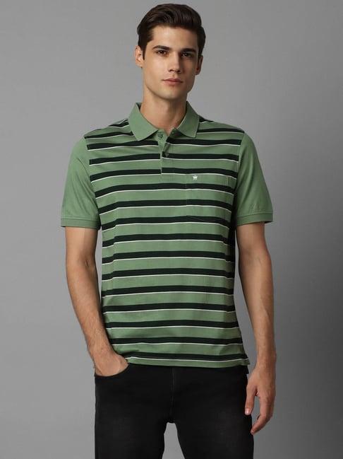 louis philippe mid green cotton regular fit striped polo t-shirt