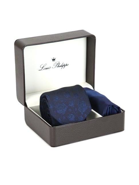 louis philippe navy blue printed tie & pocket square - pack of 2