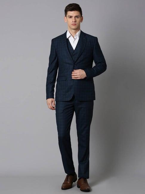 louis philippe navy blue slim fit checks three piece suit