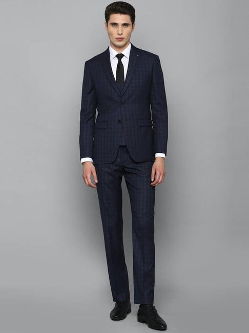 louis philippe navy blue slim fit checks three piece suits