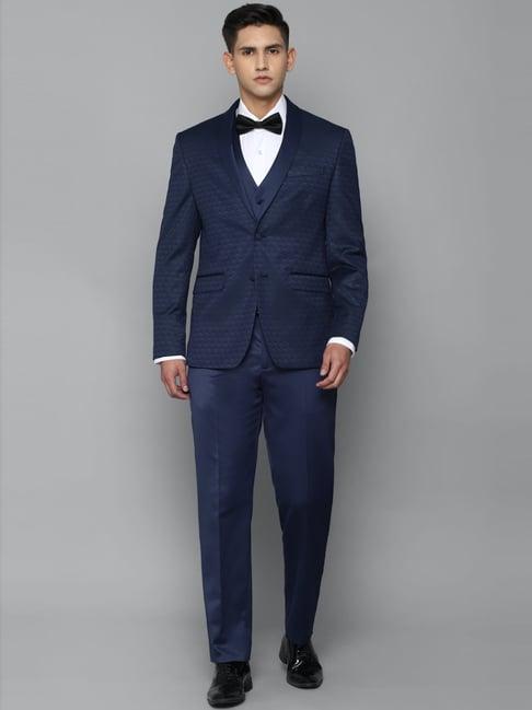 louis philippe navy blue slim fit printed three piece suits