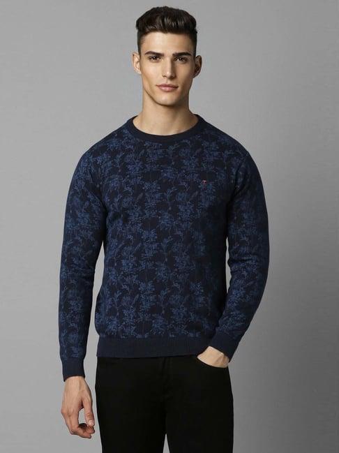 louis philippe navy cotton regular fit printed sweater