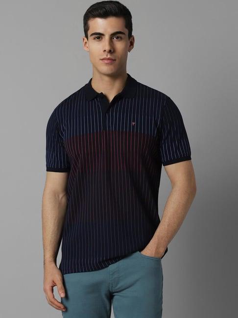 louis philippe navy cotton skinny fit striped polo t-shirts