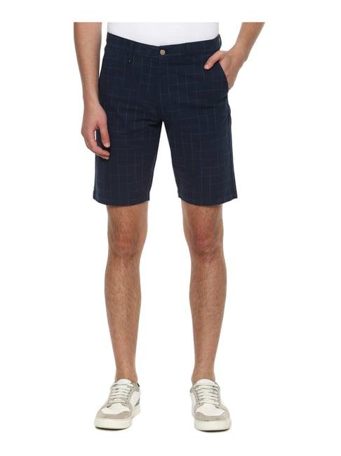 louis philippe navy cotton slim fit checks shorts