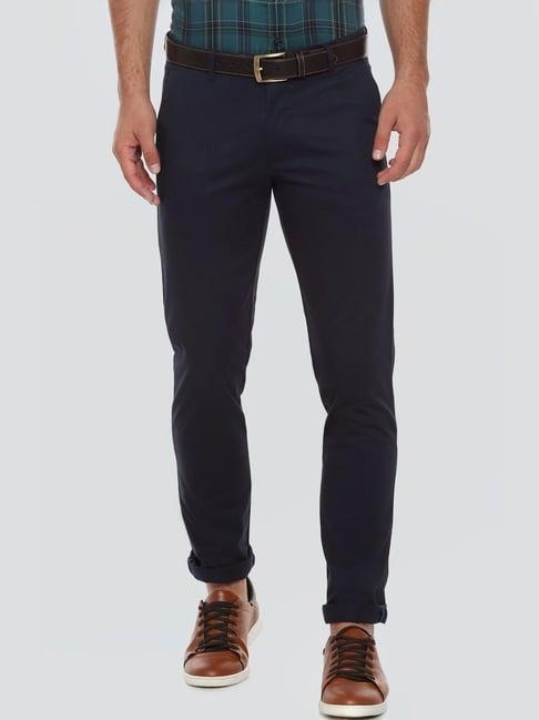 louis philippe navy cotton slim fit trousers